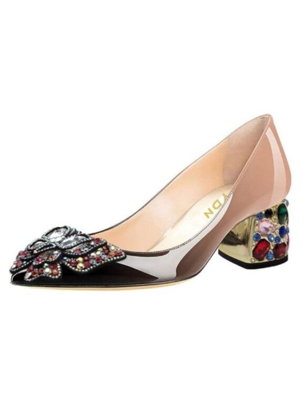 YDN Women Pointed Toe Bow Pump Rhinestone Block Low Heel Butterfly Black Nude